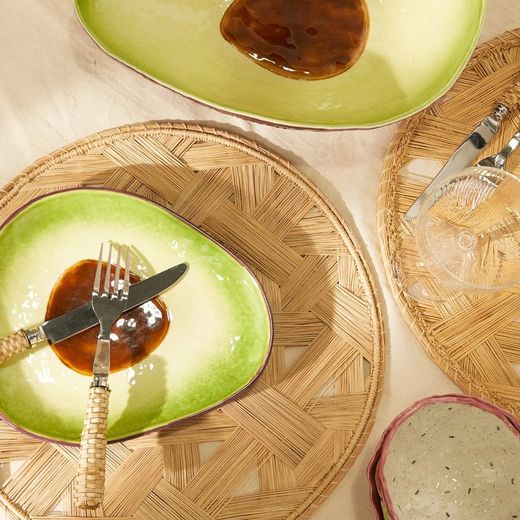Avocado Earthenware Dessert Plate in Green and Brown, 25.2 x 21.3 x 3.4 cm | Tropical Fruits