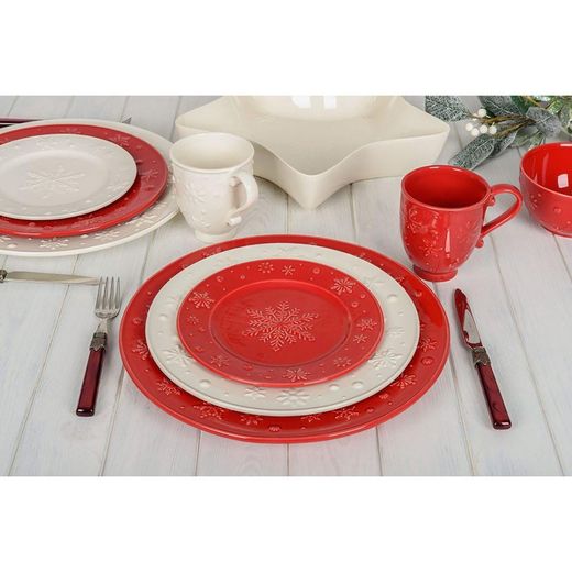 Assiette à dessert en faïence rouge, Ø 22 x 2 cm | Flocons de neige
