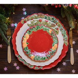 Red and multicoloured earthenware dessert plate, Ø 22 x 2.2 cm | Christmas wreath