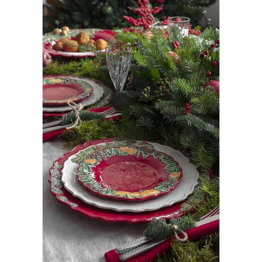 Red and multicoloured earthenware dessert plate, Ø 22 x 2.2 cm | Christmas wreath