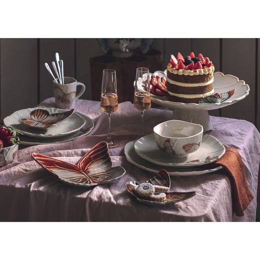 Terracotta earthenware dessert plate, 31.1 x 25.4 x 5.6 cm | Cloudy Butterflies