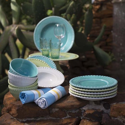 Turquoise earthenware dessert plate, 22 x 22 x 2.8 cm | Fantasy