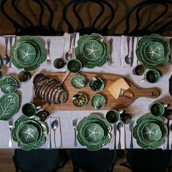 24-piece white and green stoneware dinnerware set | Cabbage and White Cabbage