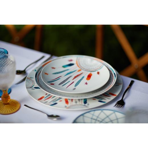 Vajilla de 18 piezas de porcelana en blanco y multicolor | Atrapasueños