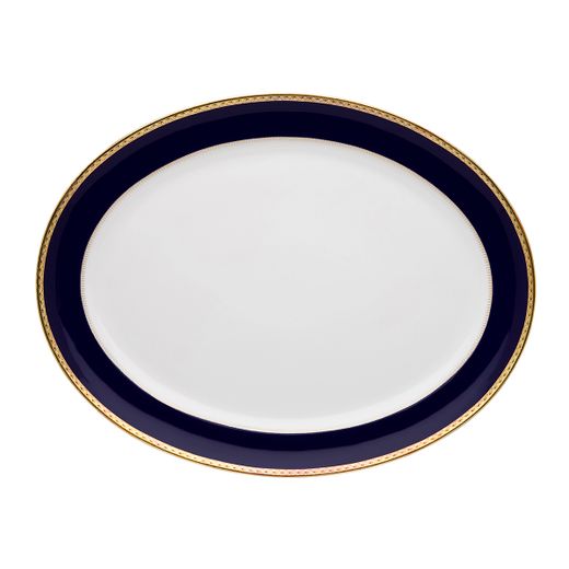 Medium oval porcelain serving dish in white, blue and gold, 27.3 x 35 x 3.5 cm | Brest