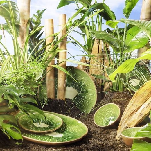 Kiwi Dessert Plate in Green and Brown Stoneware, 21.7 x 21.2 x 2.7 cm | Tropical Fruits