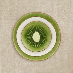 Kiwi Dessert Plate in Green and Brown Stoneware, 21.7 x 21.2 x 2.7 cm | Tropical Fruits