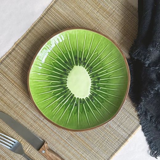 Kiwi Dessert Plate in Green and Brown Stoneware, 21.7 x 21.2 x 2.7 cm | Tropical Fruits