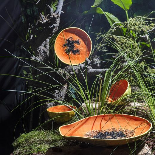 Papaya aardewerk dessertbord in oranje en geel, 21,1 x 21 x 2,6 cm | Tropische vruchten