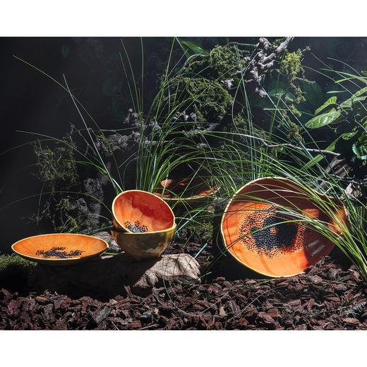 Papaya aardewerk dessertbord in oranje en geel, 21,1 x 21 x 2,6 cm | Tropische vruchten