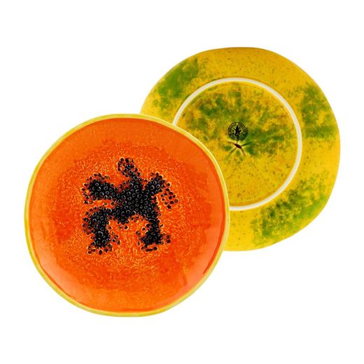 Papaya aardewerk dessertbord in oranje en geel, 21,1 x 21 x 2,6 cm | Tropische vruchten