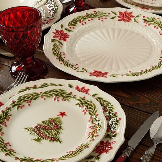 White and multicoloured earthenware presentation plate, Ø 32 x 3.3 cm | Christmas