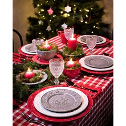 Red earthenware presentation plate, Ø 34 x 3 cm | Snowflakes