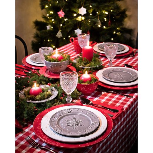 Red earthenware presentation plate, Ø 34 x 3 cm | Snowflakes