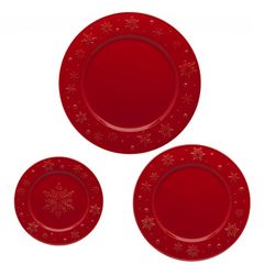 Red earthenware presentation plate, Ø 34 x 3 cm | Snowflakes