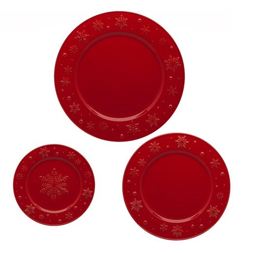 Red earthenware presentation plate, Ø 34 x 3 cm | Snowflakes