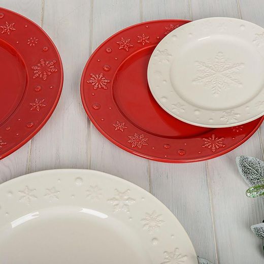 Red earthenware presentation plate, Ø 34 x 3 cm | Snowflakes
