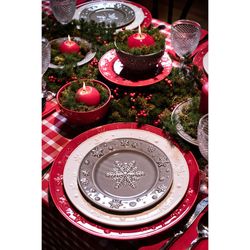Red earthenware presentation plate, Ø 34 x 3 cm | Snowflakes