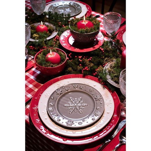 Red earthenware presentation plate, Ø 34 x 3 cm | Snowflakes