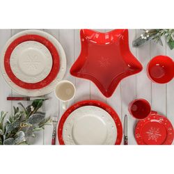 Red earthenware presentation plate, Ø 34 x 3 cm | Snowflakes