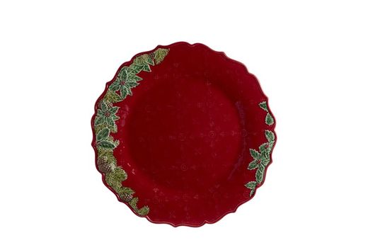 Plato de presentación de loza en rojo y multicolor, Ø 35,5 x 3 cm | Corona de Navidad