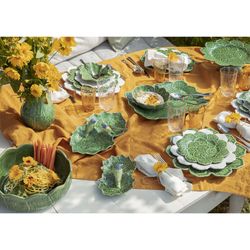 24-piece white and green stoneware dinnerware set | Geranio