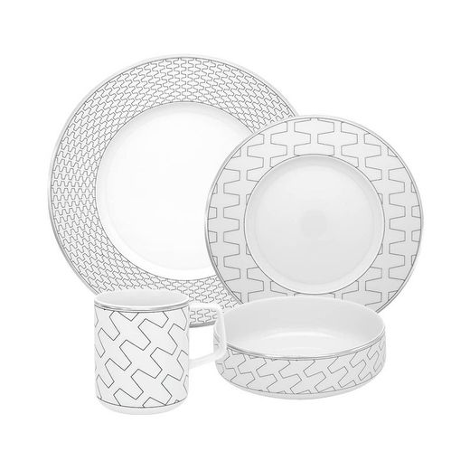 Conjunto de louças de porcelana branca e platina com 24 peças | Trasso