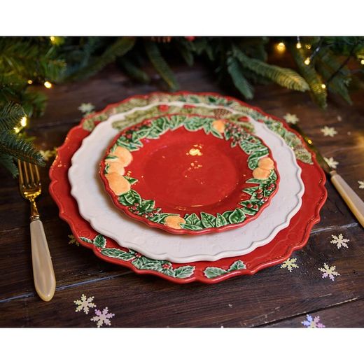 Flat plate made of white and multicoloured earthenware, Ø 29.5 x 2.5 cm | Christmas wreath