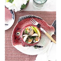 Bordowo-biały talerz obiadowy z ceramiki, 27,5 x 24,5 x 3,5 cm | Ryba