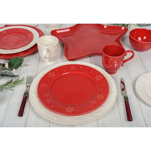 Assiette plate en faïence rouge, Ø 28 x 2,5 cm | Flocons de neige