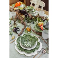 24-piece white and green stoneware dinnerware set | White Cabbage and Cabbage