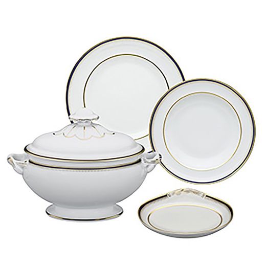 18-piece porcelain dinnerware set in white, blue and gold | Cambridge
