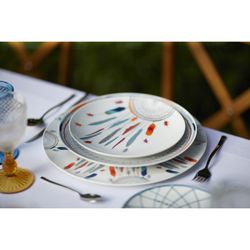 Vajilla de 18 piezas de porcelana en blanco y multicolor | Atrapasueños