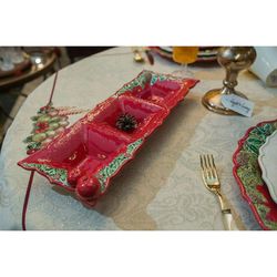 Vorspeisenteller aus Steingut in Rot und Mehrfarbig, 40,5 x 15,5 x 6,5 cm | Weihnachtskranz