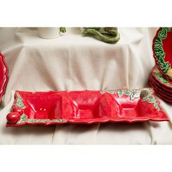 Red and multicoloured earthenware appetizer plate, 40.5 x 15.5 x 6.5 cm | Christmas wreath