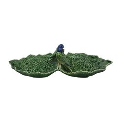 Green earthenware double appetizer plate, 34 x 19 x 9 cm | Leaves