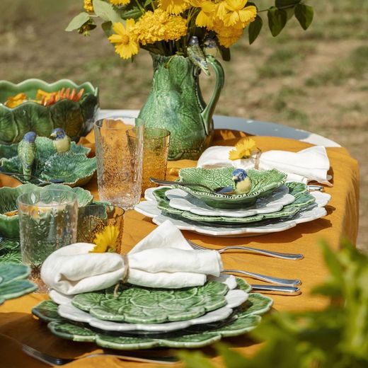 Green earthenware double appetizer plate, 34 x 19 x 9 cm | Leaves