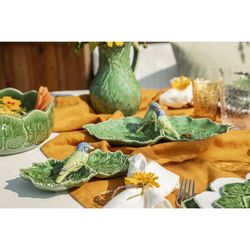 Green earthenware double appetizer plate, 34 x 19 x 9 cm | Leaves