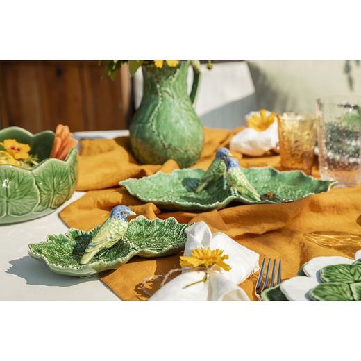 Green earthenware double appetizer plate, 34 x 19 x 9 cm | Leaves