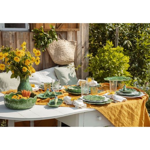 Green earthenware double appetizer plate, 34 x 19 x 9 cm | Leaves