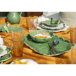 Green earthenware double appetizer plate, 34 x 19 x 9 cm | Leaves