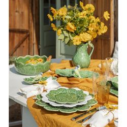 Green earthenware double appetizer plate, 34 x 19 x 9 cm | Leaves
