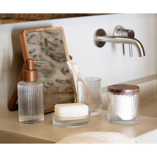 Crystal and Acacia Bathroom Set, 4 Pieces | Poseidon