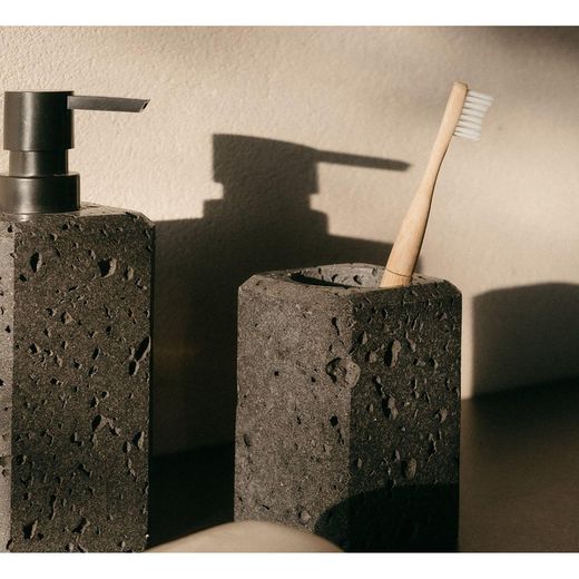 Porte-brosse à dents en travertin gris, 7 x 7 x 11 cm | travertin