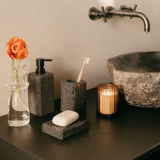 Porte-brosse à dents en travertin gris, 7 x 7 x 11 cm | travertin