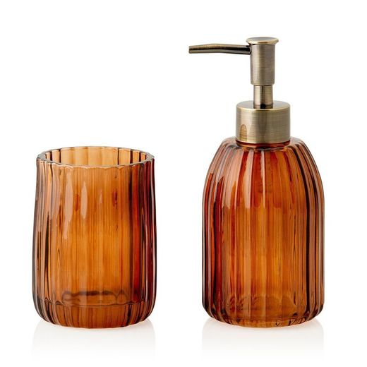 Set da bagno, porta spazzolini e dosatore ambra, 2 pezzi