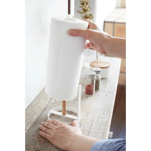 Porte-papier toilette en acier et bois blanc et naturel, Ø 11 x 26,5 cm | Tosca