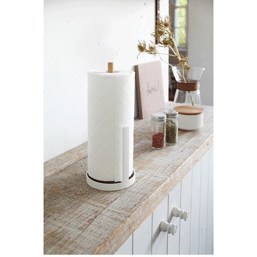 Porte-papier toilette en acier et bois blanc et naturel, Ø 11 x 26,5 cm | Tosca