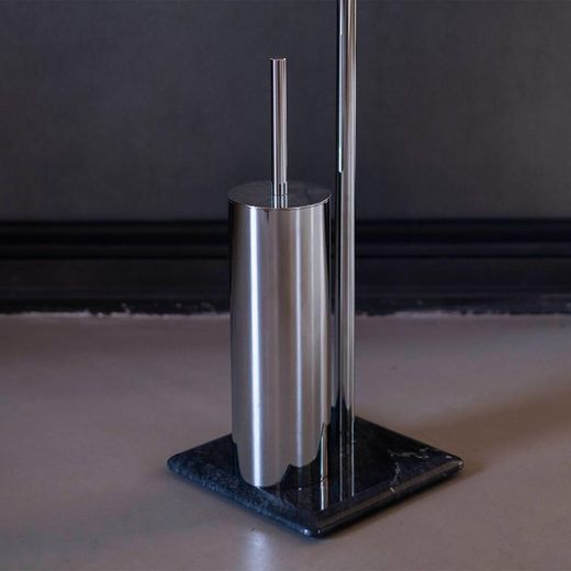 Porte-rouleau de papier toilette avec brosse en métal et marbre noir/argent, 20 x 20 x 72 cm