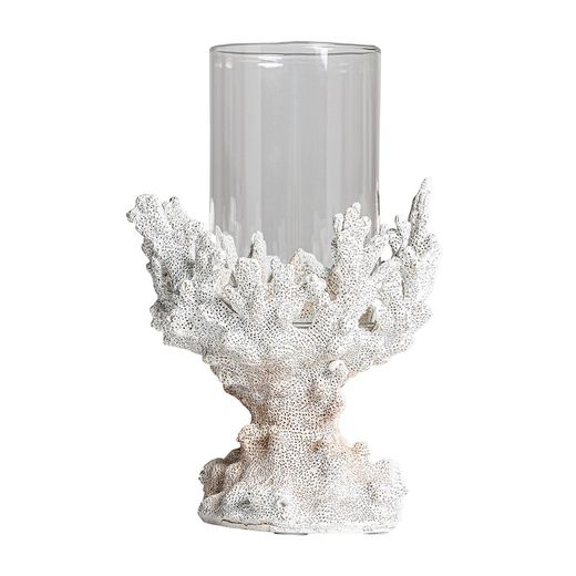 Portavelas de resina y cristal en blanco, 15 x 15 x 23 cm | Arrecife